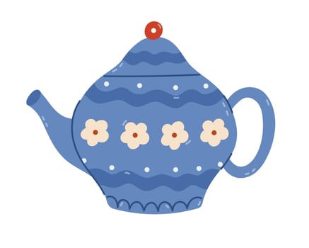 Lovely cartoon teapot with flowery ornament for tea ceremony, breakfast, relaxation. Childish hand drawn kettle of tea service as symbol of traditions of United Kingdom, China isolated on white. vector