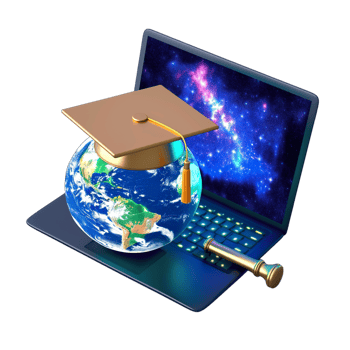 A laptop computer with a graduation cap and globe png