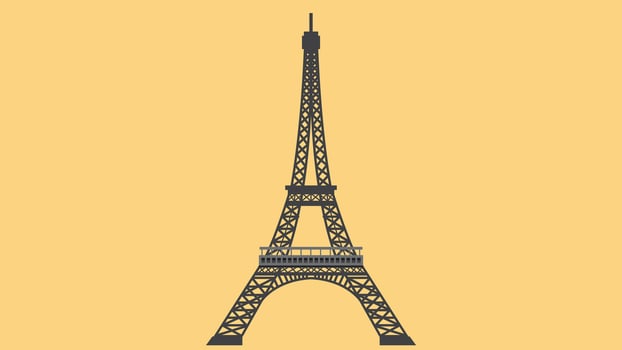 Stylized illustration of the Eiffel Tower on a golden yellow background. The iconic Parisian landmark is depicted in dark gray silhouette with detailed lattice structure and observation decks. vector