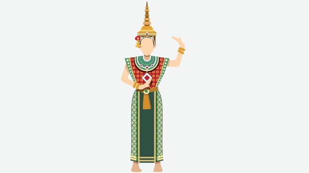 Flat-style illustration of Thai traditional costume, showcasing cultural heritage through elegant patterns, vibrant colors, and classic design vector