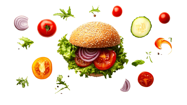 Burger ingredients and vegetables floating composition, cut out transparent png