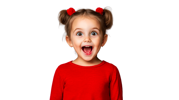 Girl with pigtails in red sweater is surprised, cut out transparent png