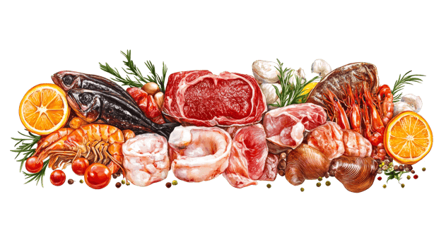 Assortment of fresh meat, seafood, fruits, vegetables, herbs, cut out transparent png