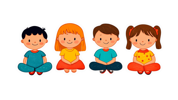 Four diverse kids meditating, cartoon style illustration, cut out transparent png