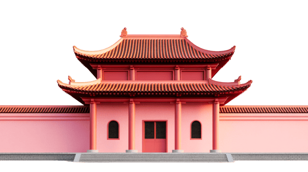 Chinese temple, pink facade, architectural detail, cut out transparent png