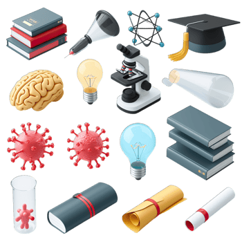 Various science and medical items including a microscope, books, and a graduation cap png