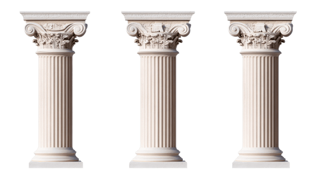 Three ancient columns stand against a black background, cut out transparent png