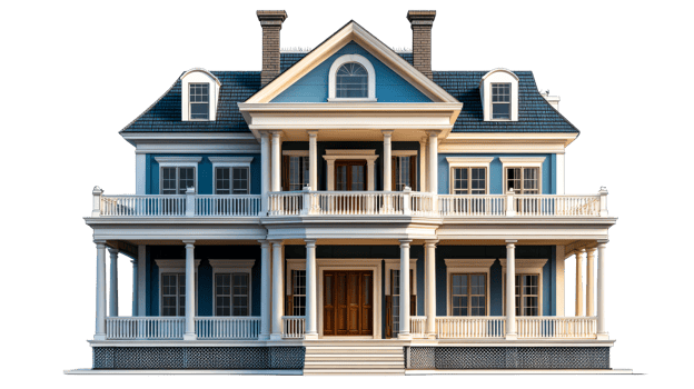 Mansion with columns and balcony, luxury home, cut out transparent png