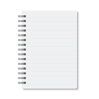 White realistic a6 notebook opened with soft shadows. vertical blank copybook with silver metallic spiral on white background. Mockup of horizontal lined organizer or diary isolated. vector