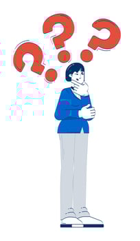 Asian business woman thinking with question marks 2D doodle character. Thoughtful korean businesswoman decision making cartoon person drawing isolated on white. Hand drawn illustration colorful vector