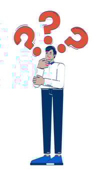 Indian corporate man pondering with question marks 2D doodle character. Problem solving. Professional struggle cartoon person drawing isolated on white. Hand drawn illustration colorful vector