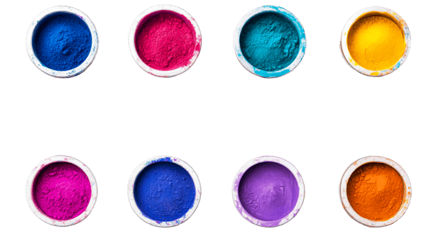 Colorful vibrant pigments assortment, paints powder top view, cut out transparent png
