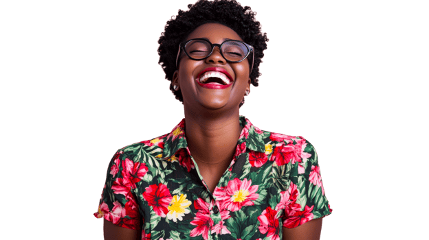 Cheerful woman wearing glasses, laughing against black background, cut out transparent png