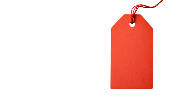 Vibrant red tag with a string against a black background, cut out transparent png