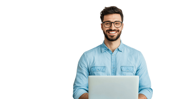 Smiling man with glasses working on laptop, cut out transparent png