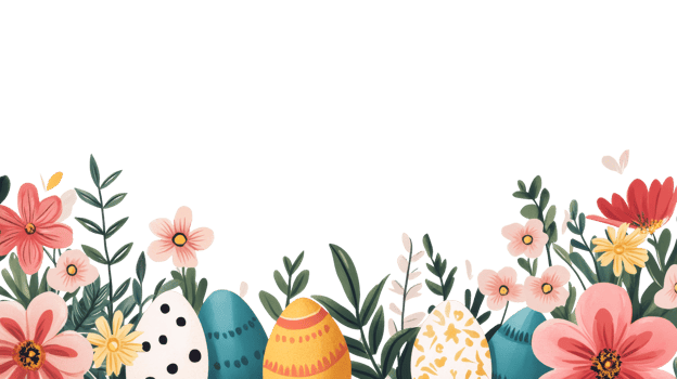 Flowers and Easter Eggs Border Illustration, Cut Out Transparent png