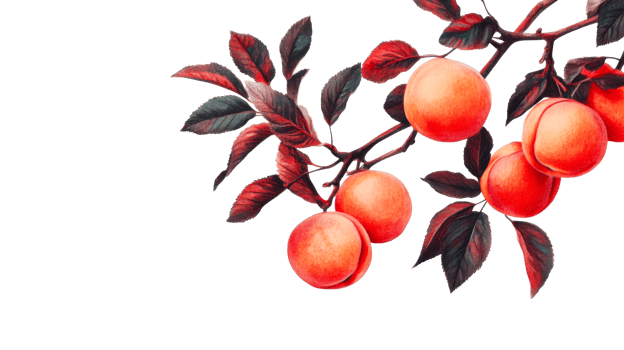 Plum tree branch, juicy fruits with red leaves, cut out transparent png