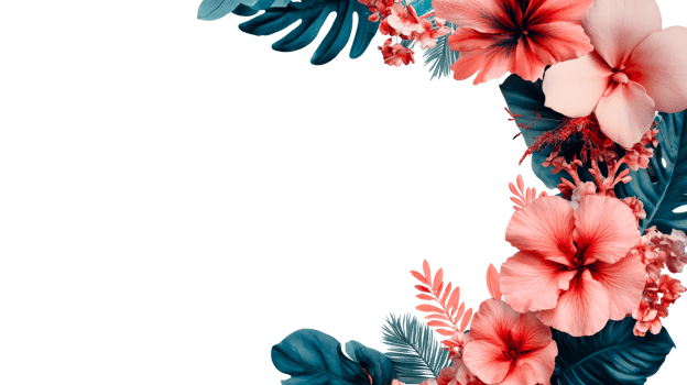 Tropical flowers and blue leaves arrangement, decorative border, cut out transparent png