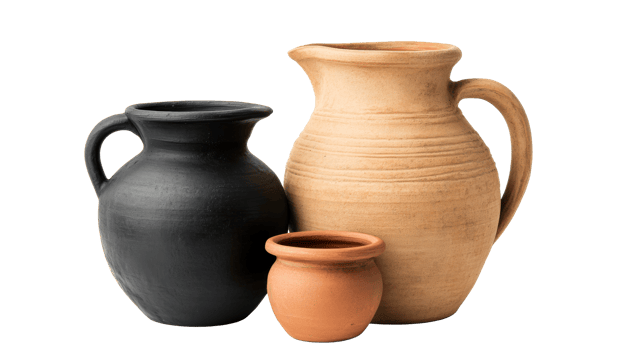 Rustic clay pottery collection, pitchers, pot, earthenware, cut out transparent png
