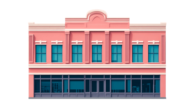 Facade of a retro building with windows, cut out transparent png