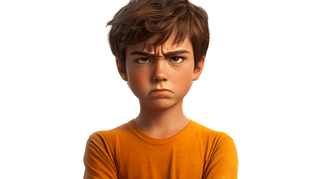 Grumpy boy with freckles is displeased, cartoon rendering, cut out transparent png