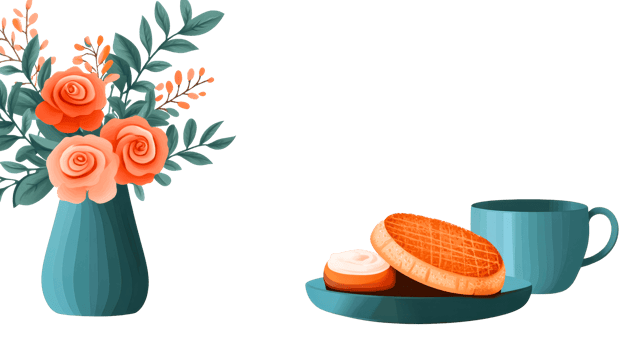 Breakfast composition featuring flowers, pastry and mug, cut out transparent png