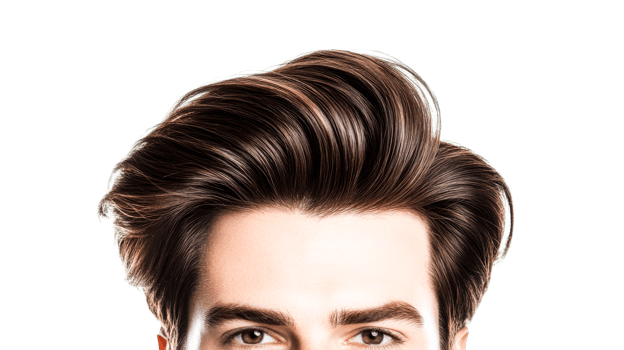 Stylish man's hair, pompadour hairstyle, glossy brown, cut out transparent png
