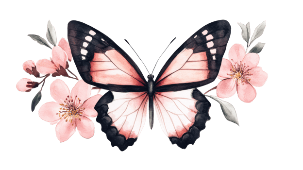 Butterfly surrounded by pink blossom, beautiful illustration, cut out transparent png