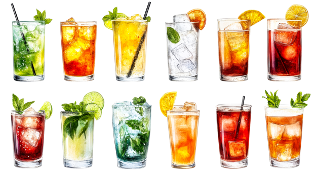 Assortment of refreshing watercolor cocktails isolated, cut out transparent png