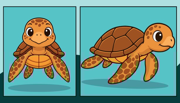 Sea turtle front and side view cartoon illustration vector