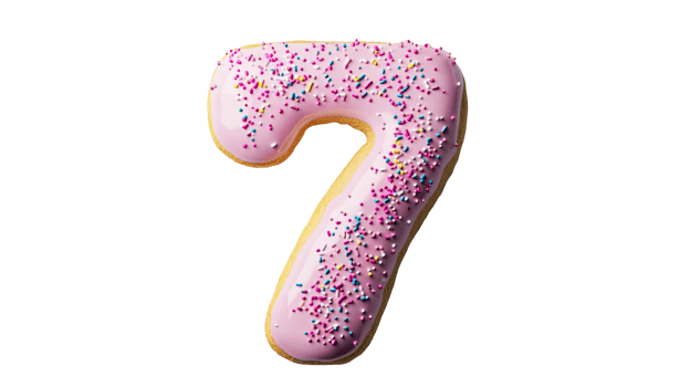 Delicious donut number seven, pink icing sprinkles, cut out transparent png