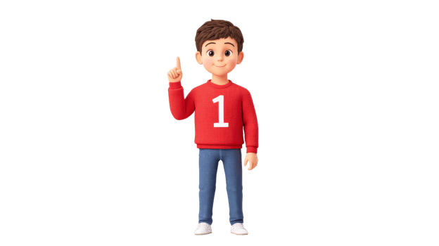 Cute boy in sweater with number one pointing up, cut out transparent png