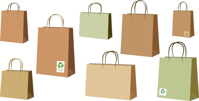pastel set shopping bags - isolated eco-friendly paper bags with recycling symbol. stylish objects for retail and sustainable shopping concepts vector