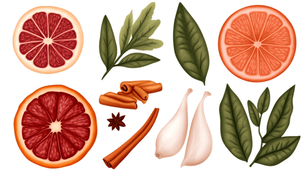 Citrus Fruit, Spices and Leaves Illustration, cut out transparent png
