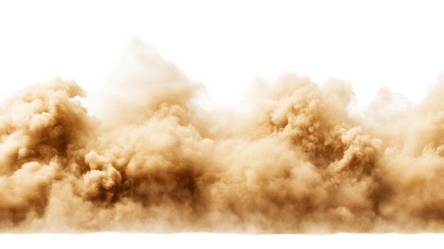 Dust cloud explosion on black background, cut out transparent png