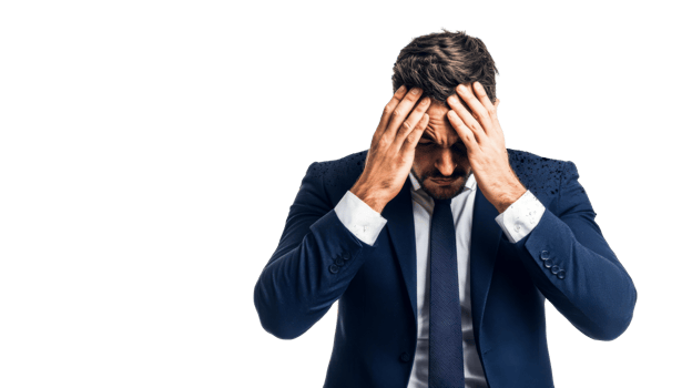Concerned executive holding head, wearing suit and tie, cut out transparent png