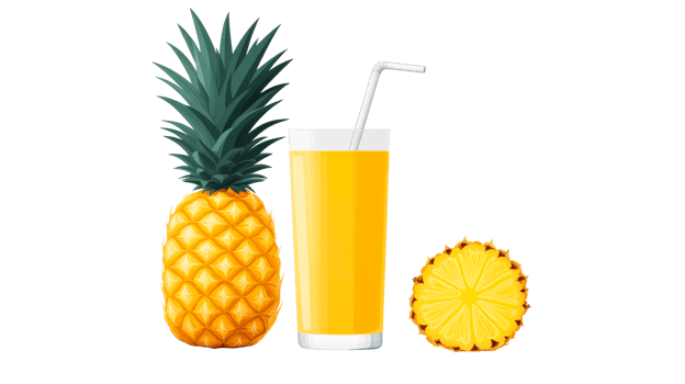 Pineapple, juice, slice, fruit illustration on black background, cut out transparent png