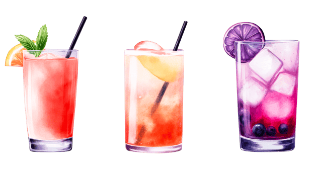 Three colorful cocktails, alcohol drinks on dark, cut out transparent png