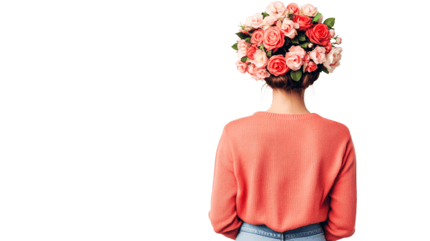 Back view woman wearing flower headpiece in coral sweater, cut out transparent png