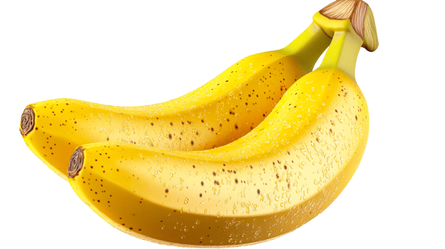 Two ripe yellow bananas with brown spots and water droplets, cut out transparent png