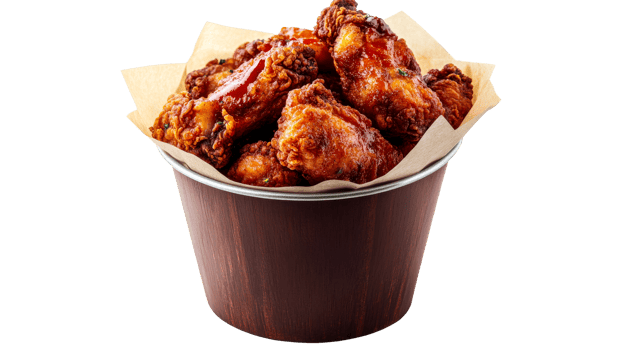Fried chicken wings, sauce, brown bucket, food photography, cut out transparent png