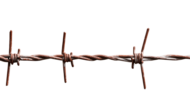 Rusty barbed wire fence isolated on black background, cut out transparent png