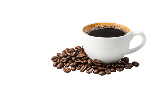 Mug with aromatic coffee and beans, cut out transparent png