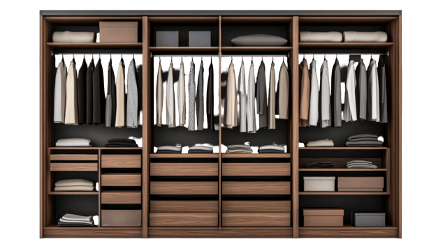 Wooden closet with clothes, drawers and shelves, cut out transparent png