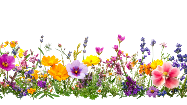 Colorful diverse wildflowers meadow edge, floral decoration, cut out transparent png
