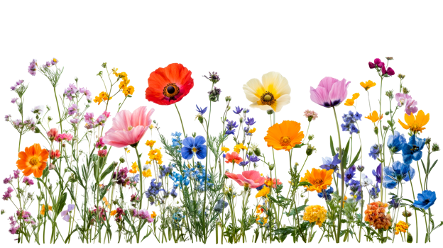 Colorful wildflower meadow, vibrant blossoms, detailed flora, cut out transparent png