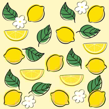 Seamless pattern with lemon and white flowers on yellow background vector