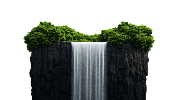 Waterfall cascading from rocky cliff with lush vegetation, cut out transparent png