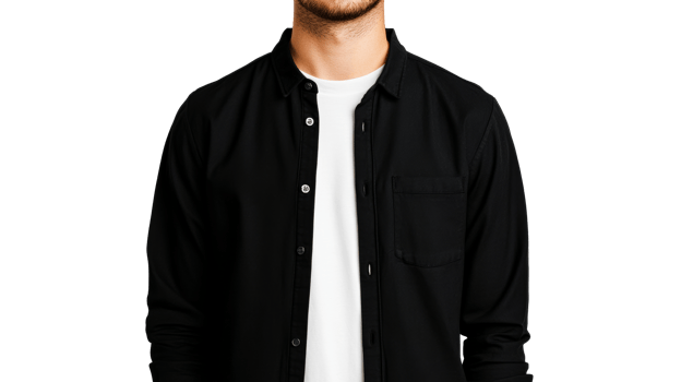 Man's Black Shirt and White Tee Outfit Presentation, Cut Out Transparent png