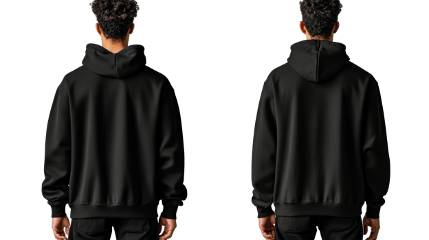 Men in black hoodies, back view on black background, cut out transparent png